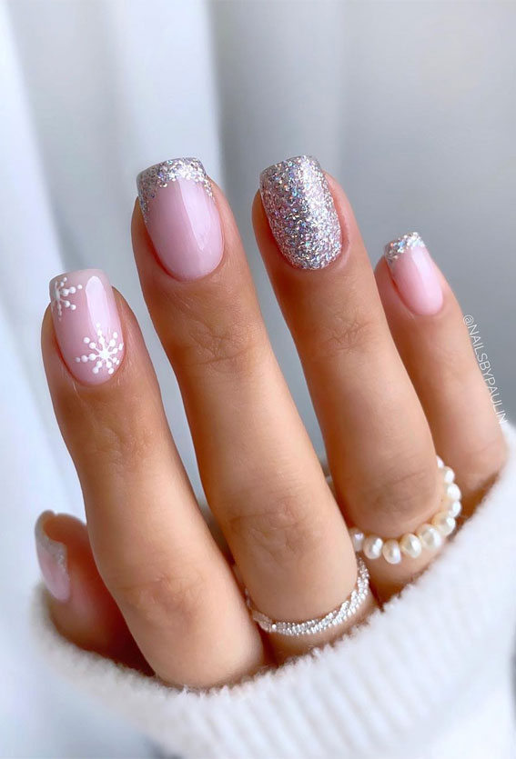 Silver And Pink Holiday Nails