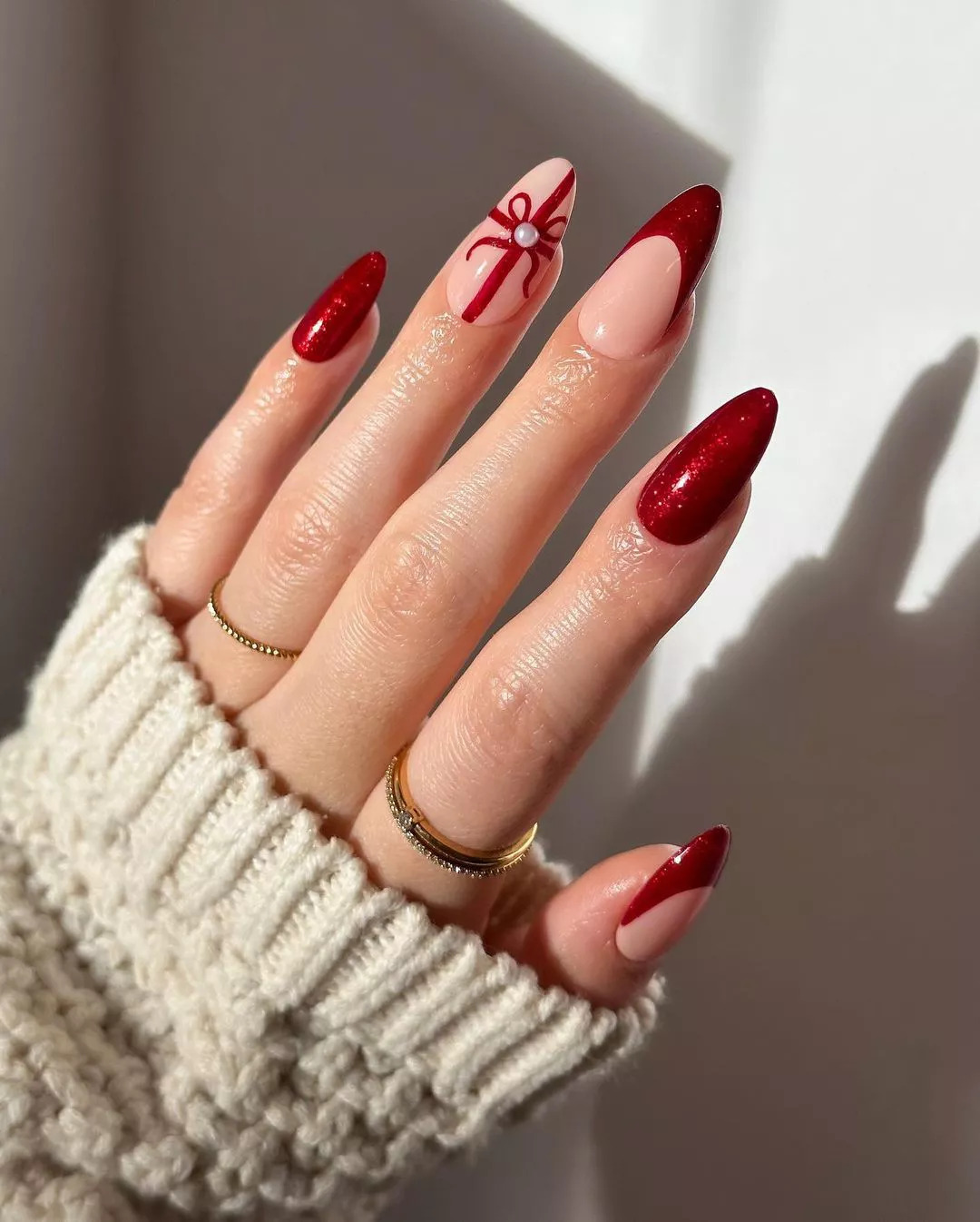 Simple Christmas Nails With A Bow
