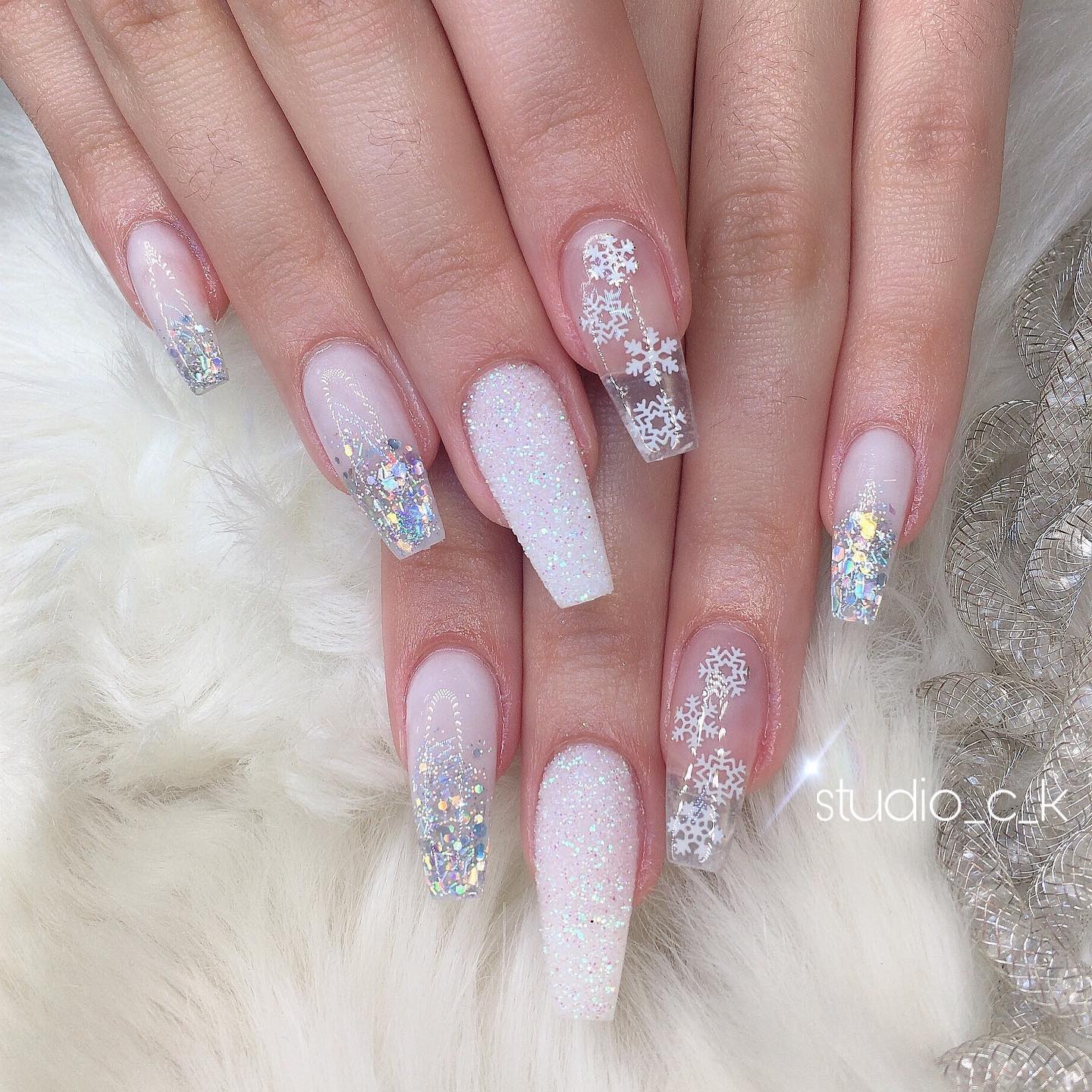 Simple Coffin White Christmas Nails