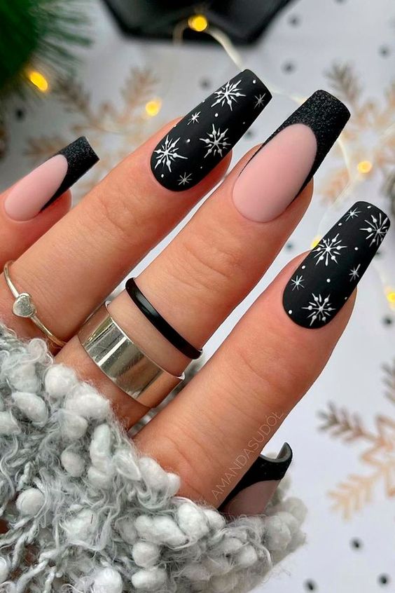 White Christmas Nails With Black French Tips