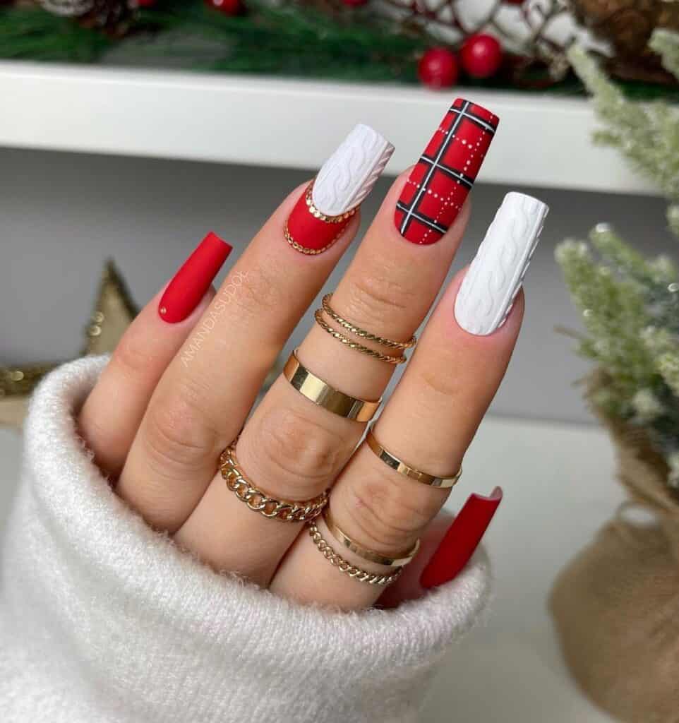 White Christmas Nails With Red Plaid