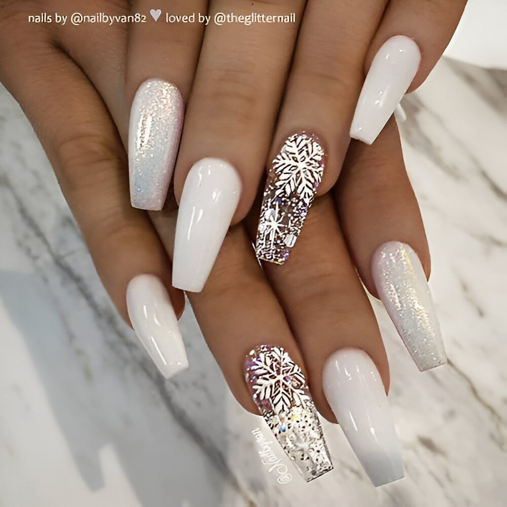 White Nails With Clear Snowflakes