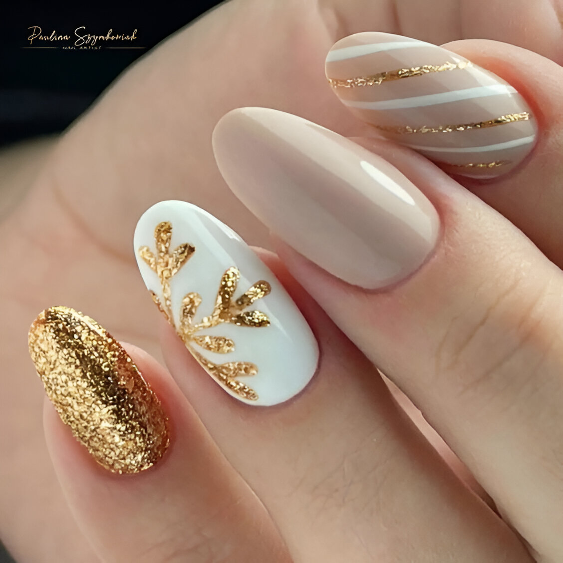 White Nails With Golden Snowflakes