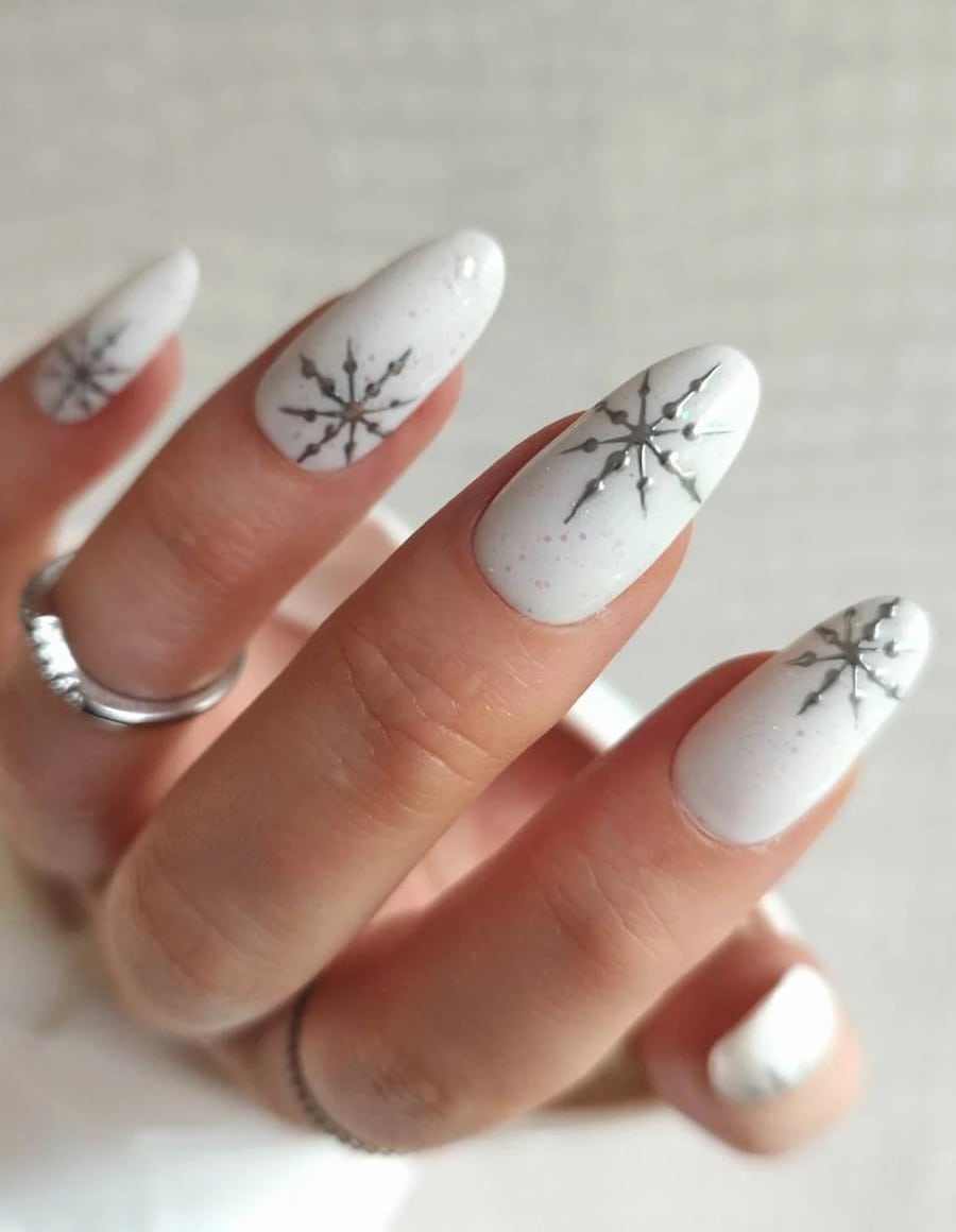 White Nails With Silver Snowflakes