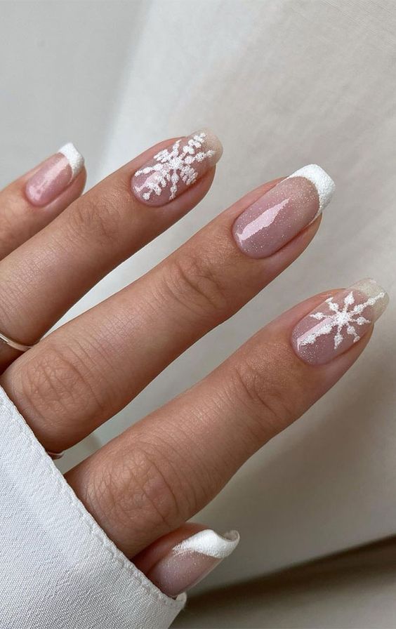 White Short Nails With Snow