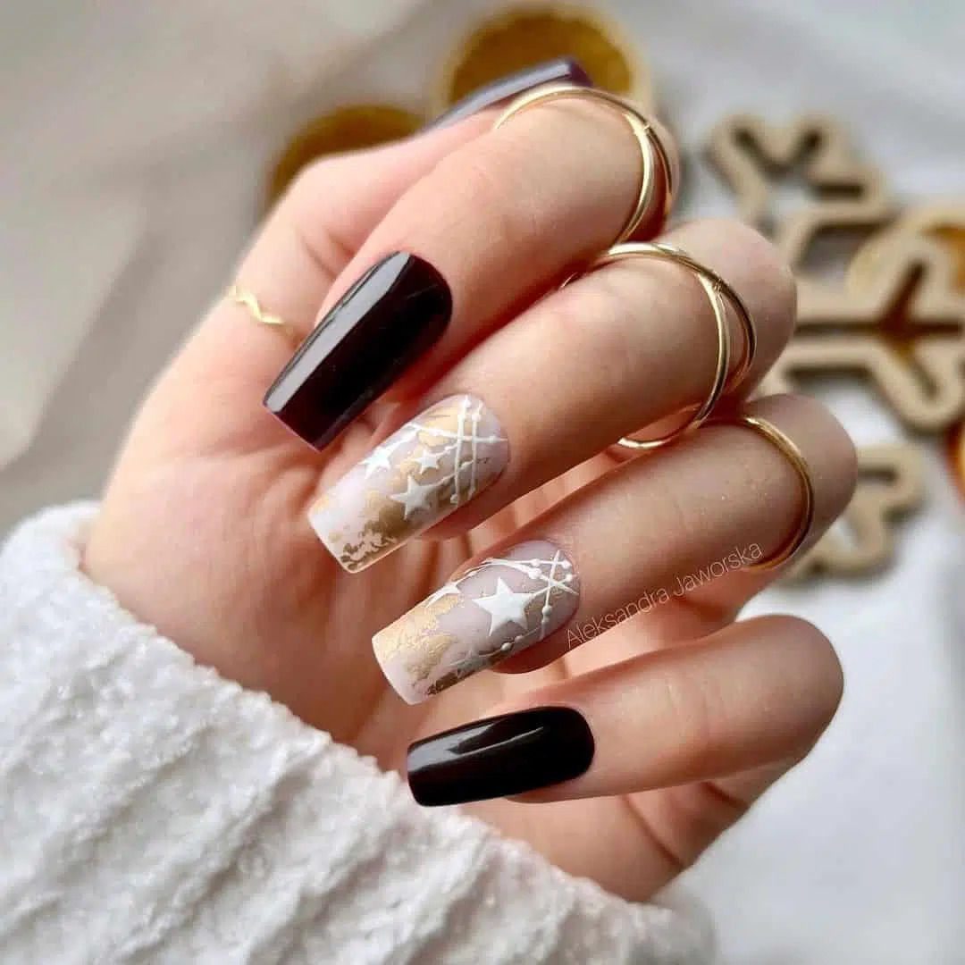 White Snowy Nails With Black