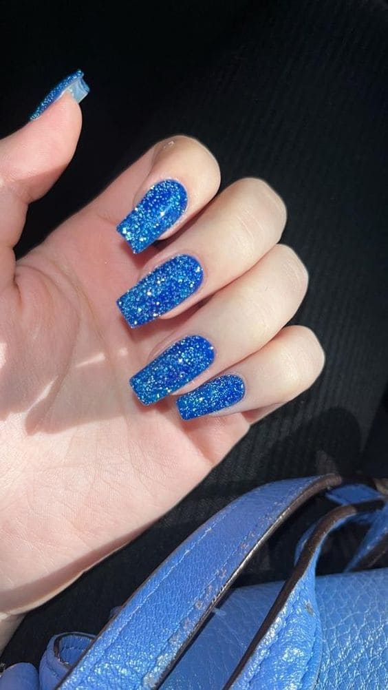 Blue Chunky Glitter Nails 1
