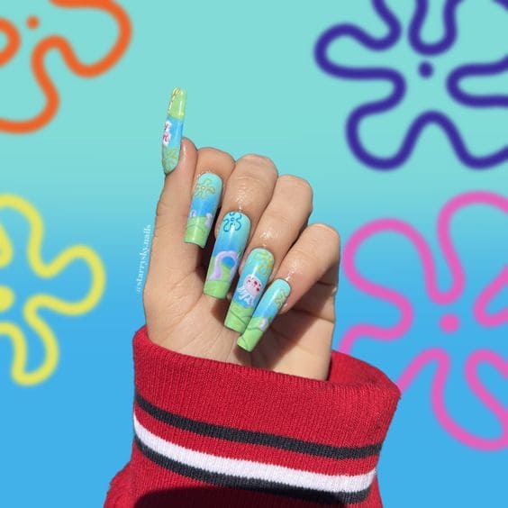 SpongeBob Inspired Blue Summer Nails 5