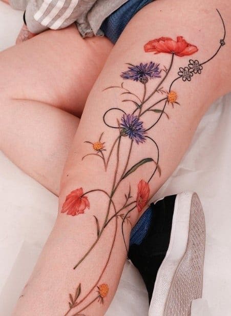 Charming Floral Tattoos On Leg 1