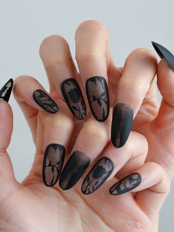 Dark Floral Nail Art 3