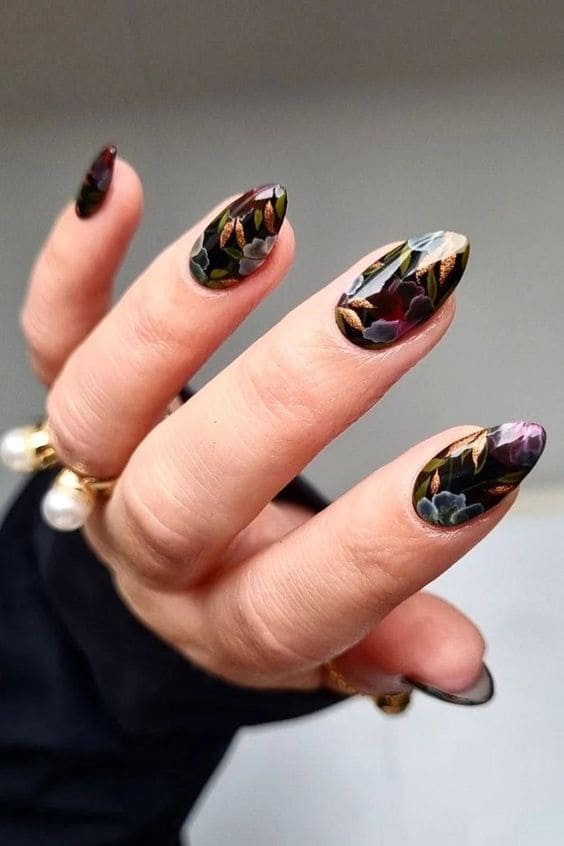 Dark Floral Nail Art 7