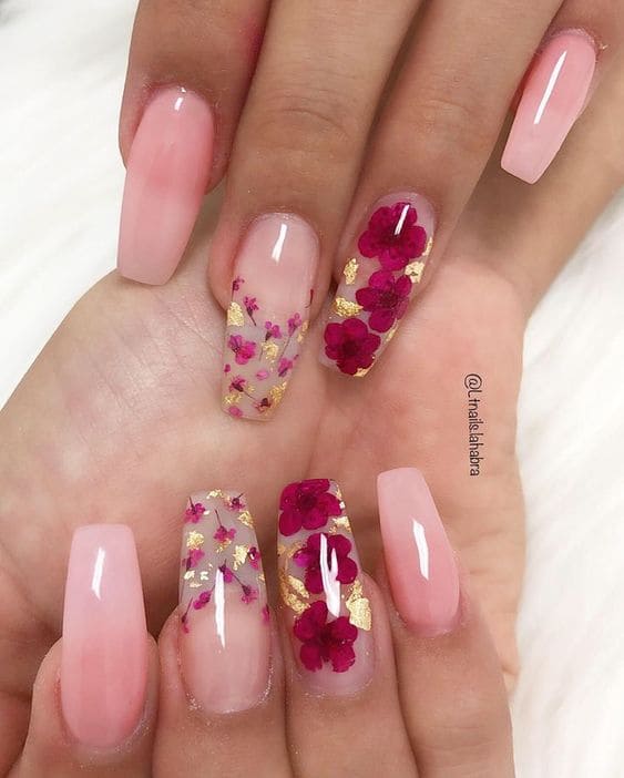 Floral Nail Art With Gold Foil 2