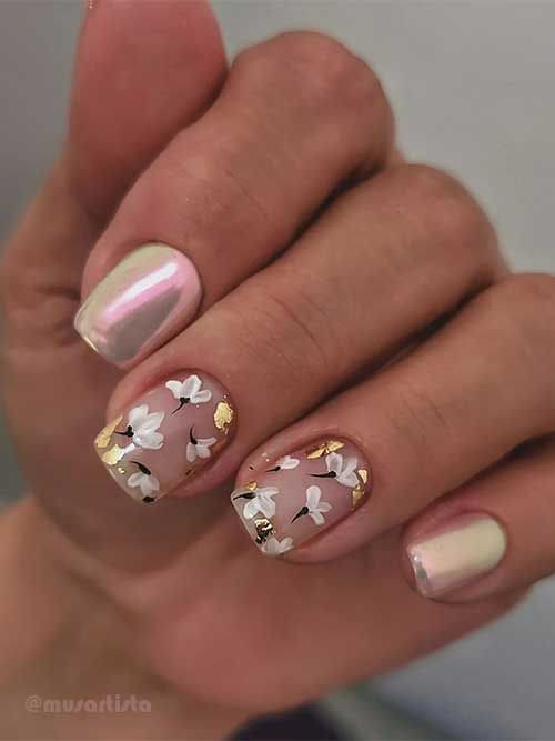 Floral Nail Art With Gold Foil 4