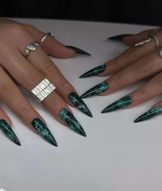 Royal Emerald Long Stiletto Nails 1