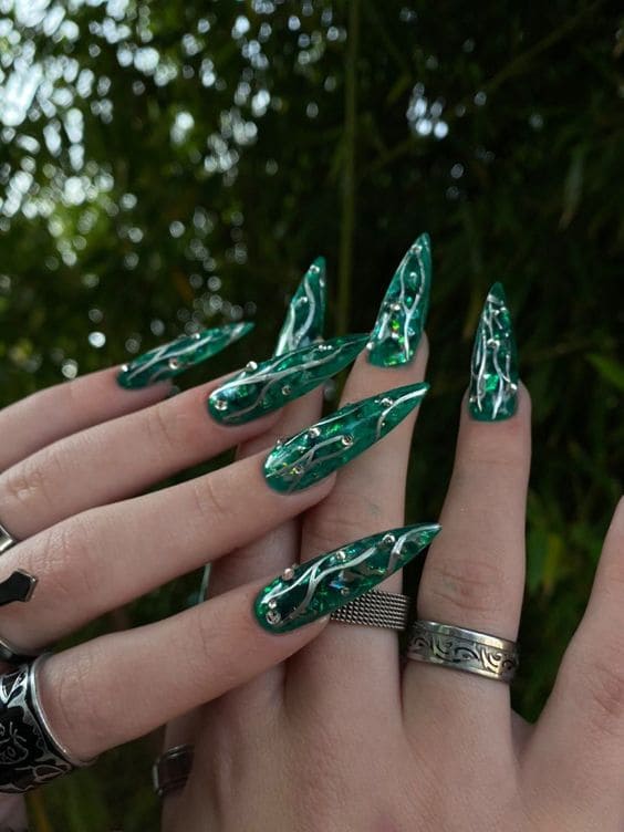 Royal Emerald Long Stiletto Nails 6