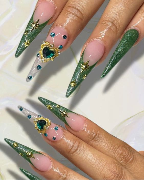 Royal Emerald Long Stiletto Nails 7