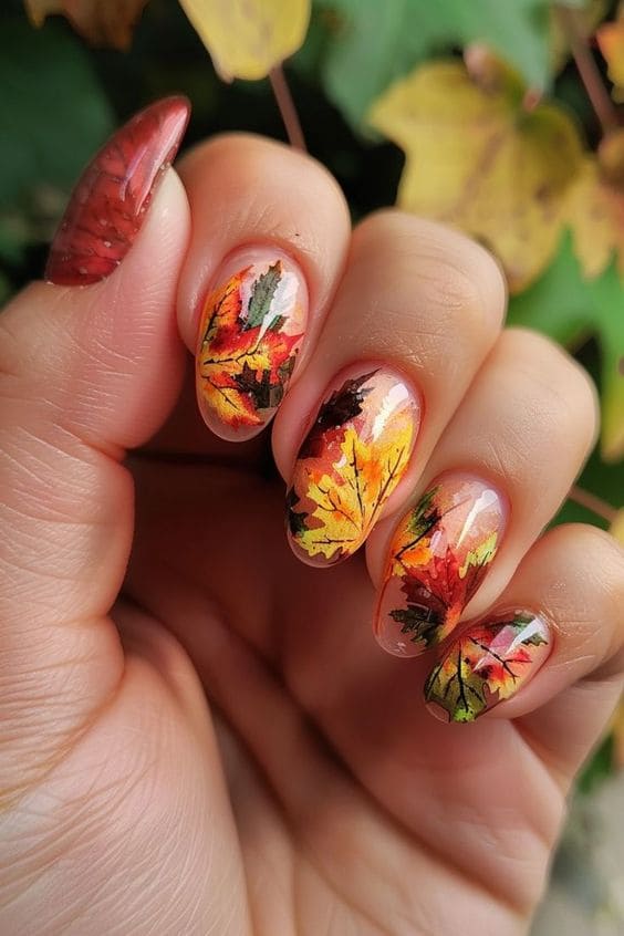 Fall Leaf Almond Nail Designs 3