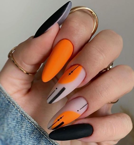 Orange And Black Abstract Nails 1