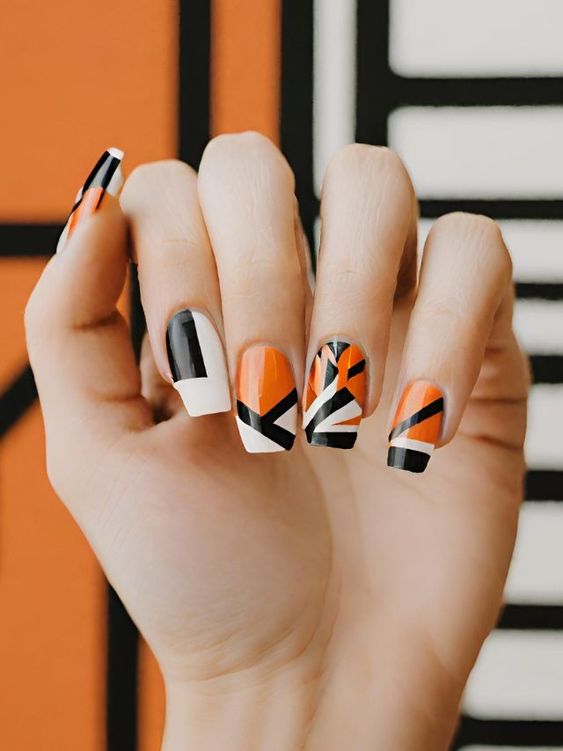 Orange And Black Abstract Nails 2