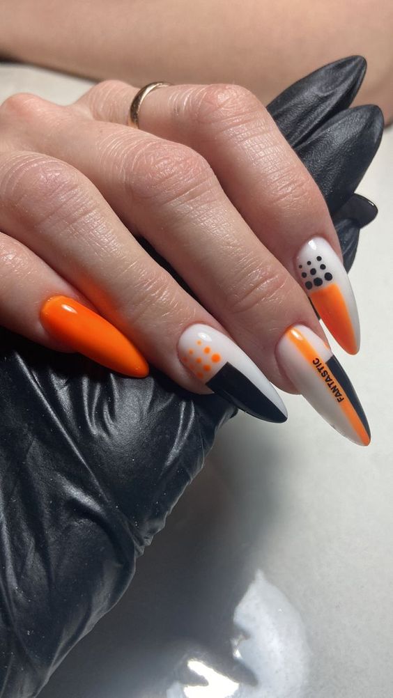 Orange And Black Abstract Nails 3