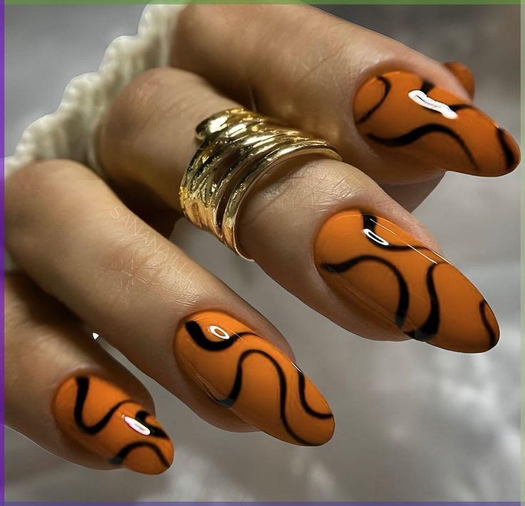 Orange And Black Abstract Nails 4