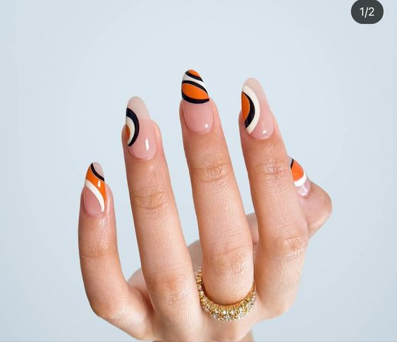 Orange And Black Abstract Nails 5