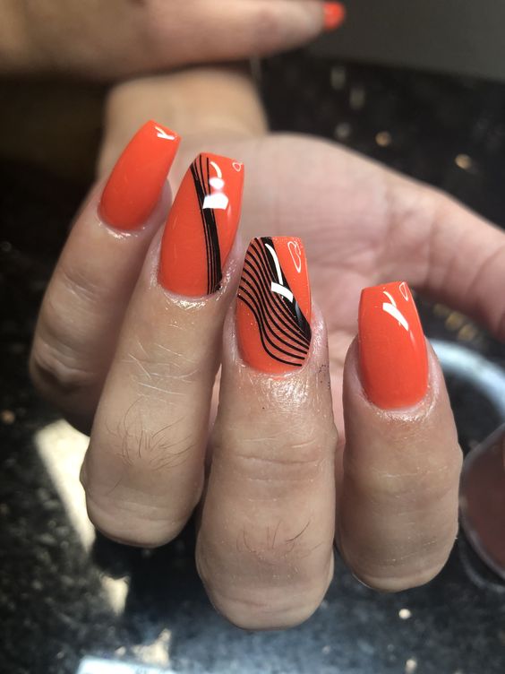 Orange And Black Abstract Nails 8