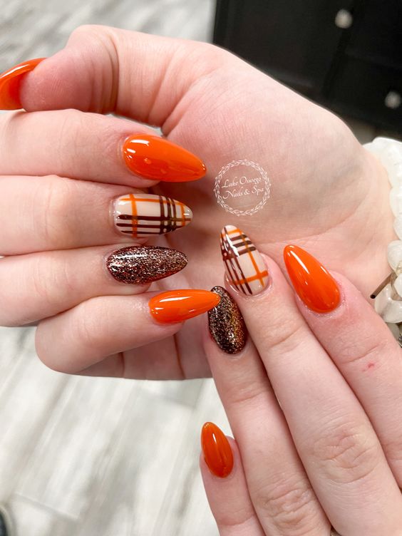 Plaid Orange And Black Nails 1