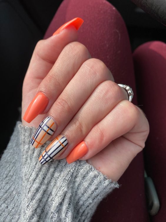 Plaid Orange And Black Nails 2