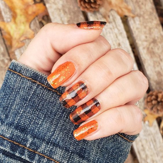 Plaid Orange And Black Nails 3