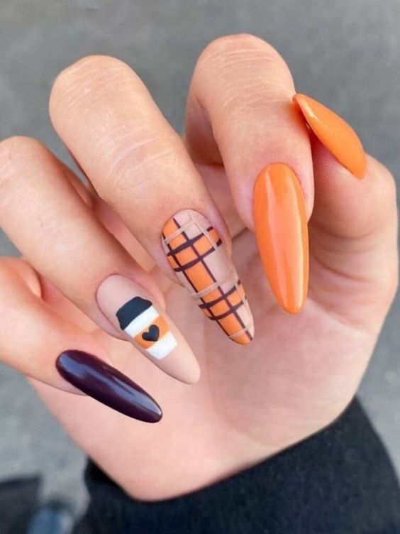 Plaid Orange And Black Nails 4