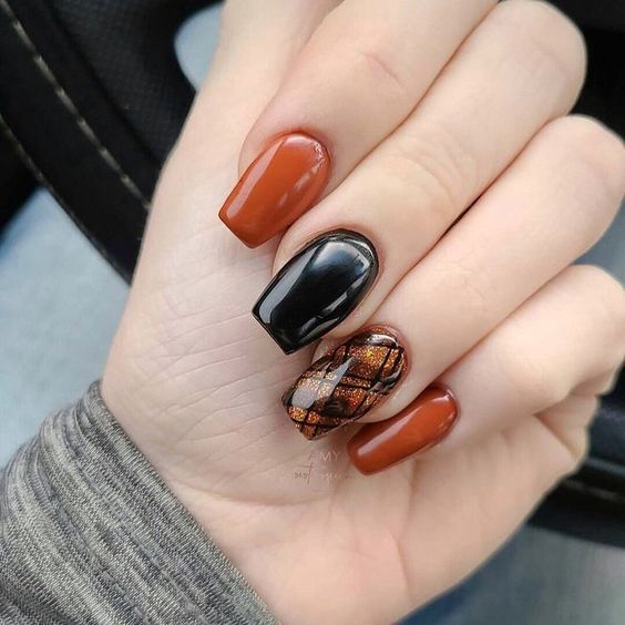 Plaid Orange And Black Nails 5