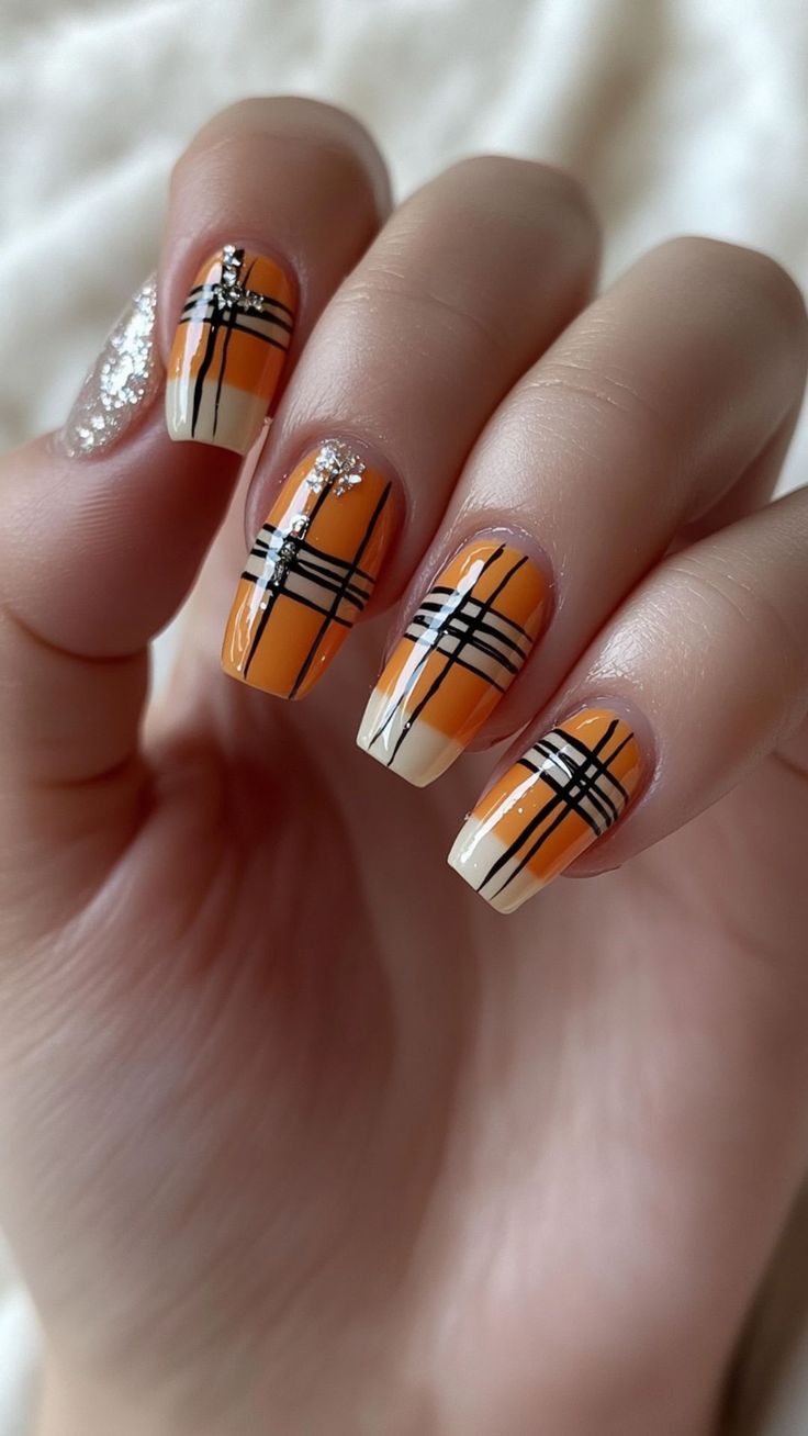 Plaid Orange And Black Nails 6