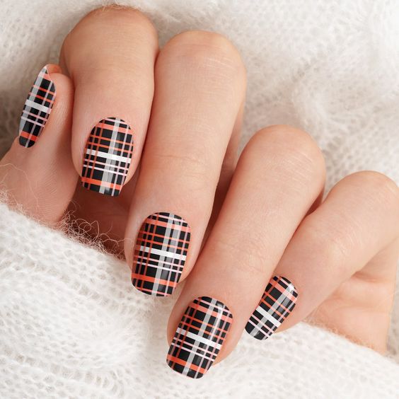 Plaid Orange And Black Nails 8