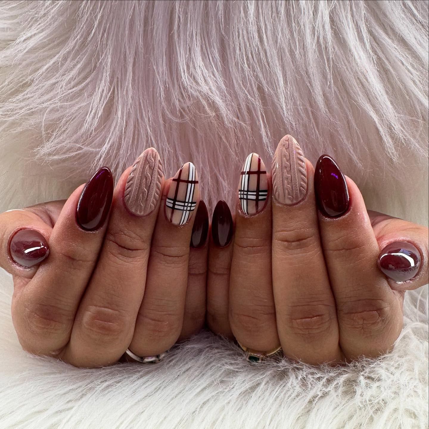 Burgundy Plaid Cable Knit Nails