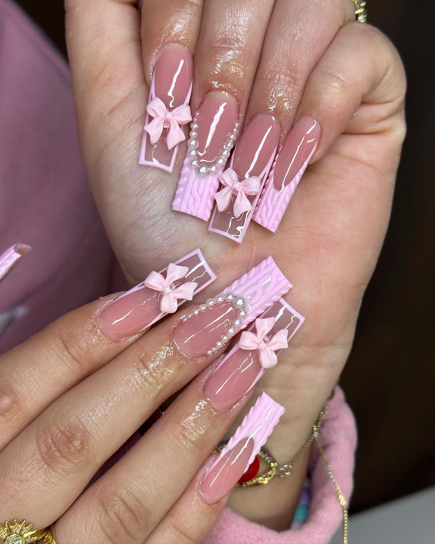 Pink Bow Sweater Glam Nails