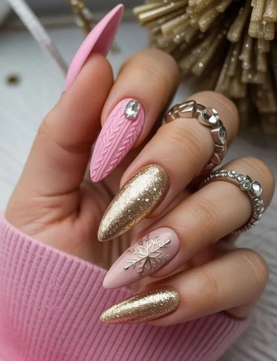Pink and Gold Snowflake Sweater Nails